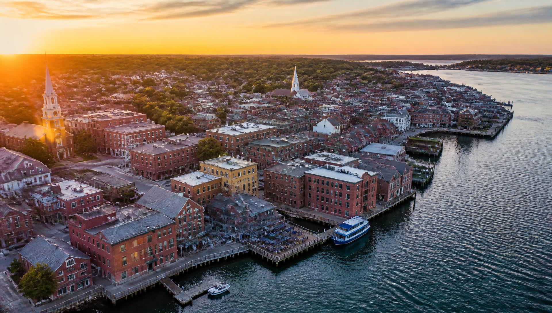 Aerial view of the Portsmouth, New Hampshire waterfront at sunset